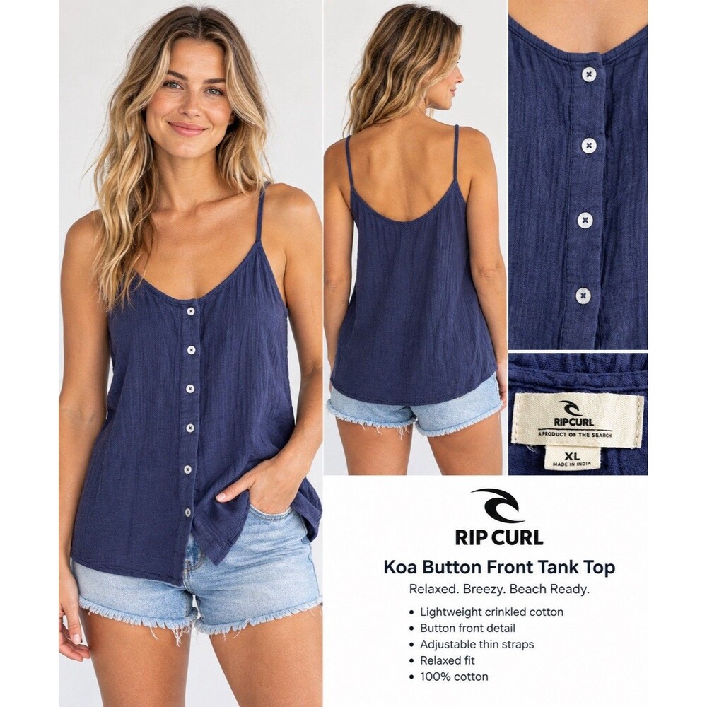 Rip Curl Koa Button Front Tank Top Women XL Navy Blue 100% Cotton Beach Boho